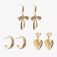 Bijoux Bar Gold Tone Womens Glass Bow Heart 3 Pair Earring Set