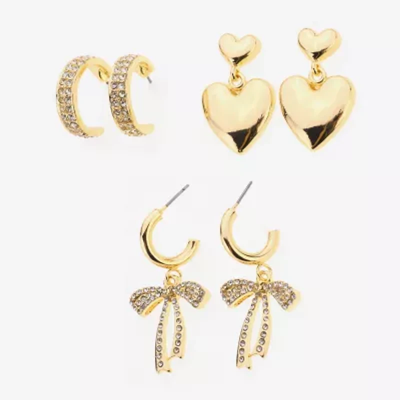 Bijoux Bar Gold Tone Womens Glass Bow Heart 3 Pair Earring Set