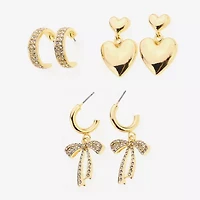 Bijoux Bar Gold Tone Womens Glass Bow Heart 3 Pair Earring Set