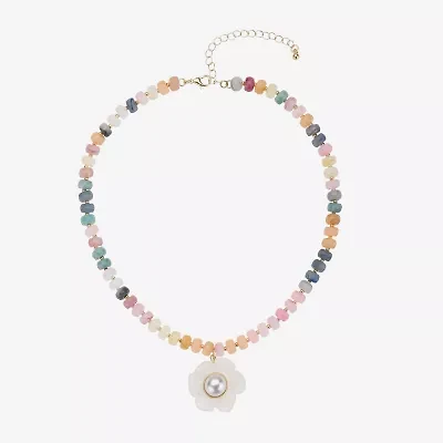 Bijoux Bar Womens Glass Simulated Pearl Flower 16.5 Inch Pendant Necklace