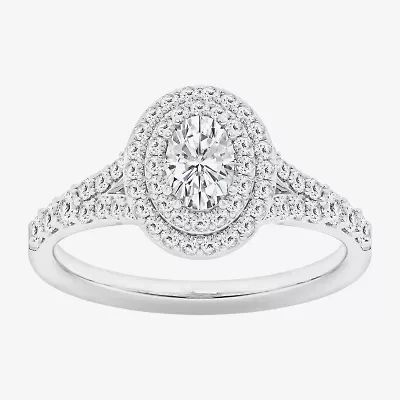 (G / Si1-Si2) Womens 1 CT. T.W. Lab Grown White Diamond 10K Gold Oval Side Stone Halo Engagement Ring