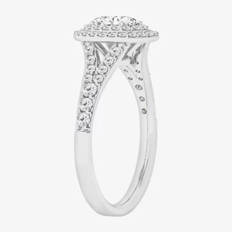 (G / Si1-Si2) Womens 1 CT. T.W. Lab Grown White Diamond 10K Gold Oval Side Stone Halo Engagement Ring