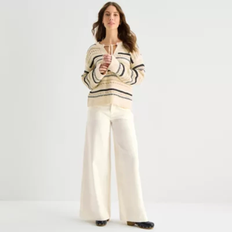 a.n.a Womens Split Tie Neck Long Sleeve Pullover Sweater