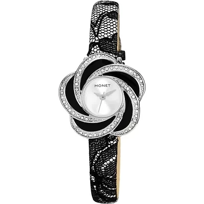 Monet® Womens Silver-Tone Leather & Black Lace Floral Watch