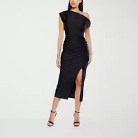 Premier Amour One Shoulder Womens Short Sleeve Midi Sheath Dress