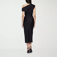 Premier Amour One Shoulder Womens Short Sleeve Midi Sheath Dress