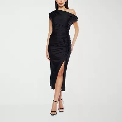 Premier Amour One Shoulder Womens Short Sleeve Midi Sheath Dress