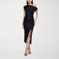 Premier Amour One Shoulder Womens Short Sleeve Midi Sheath Dress