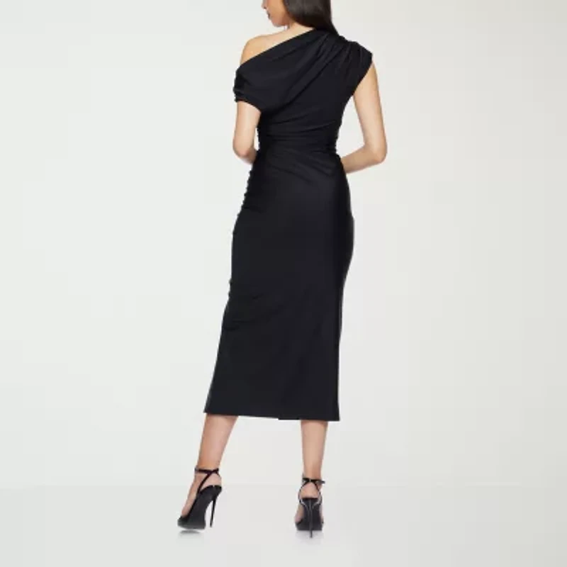 Premier Amour One Shoulder Womens Short Sleeve Midi Sheath Dress