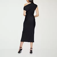 Premier Amour One Shoulder Womens Short Sleeve Midi Sheath Dress