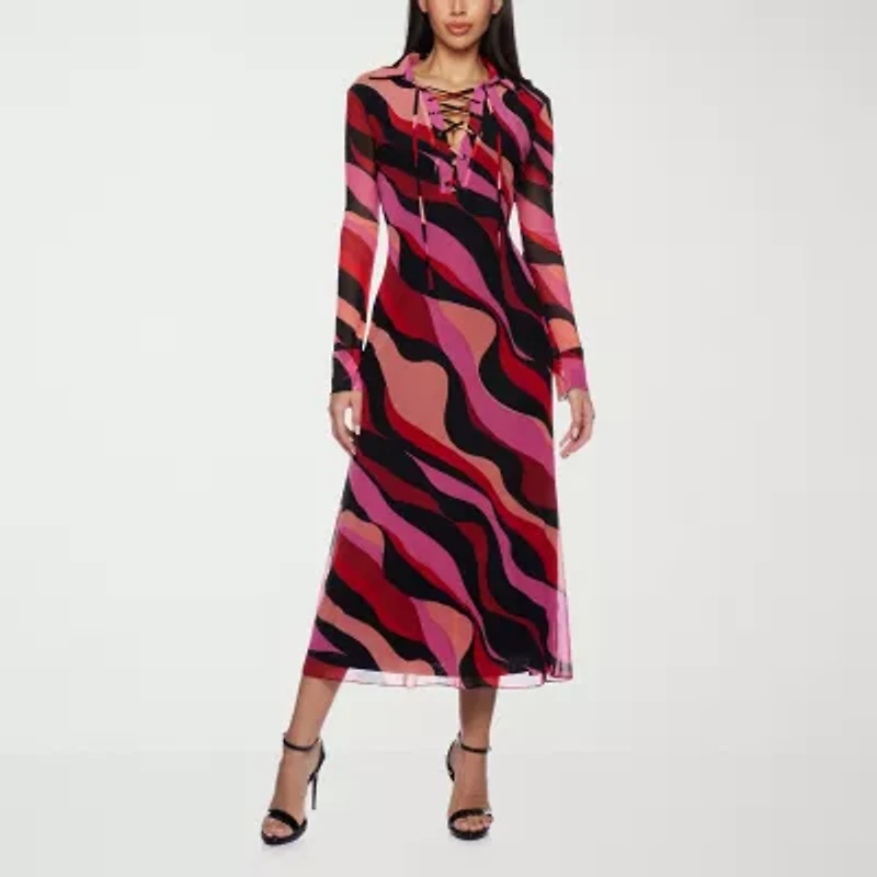 Premier Amour Womens Long Sleeve Midi Abstract Sheath Dress
