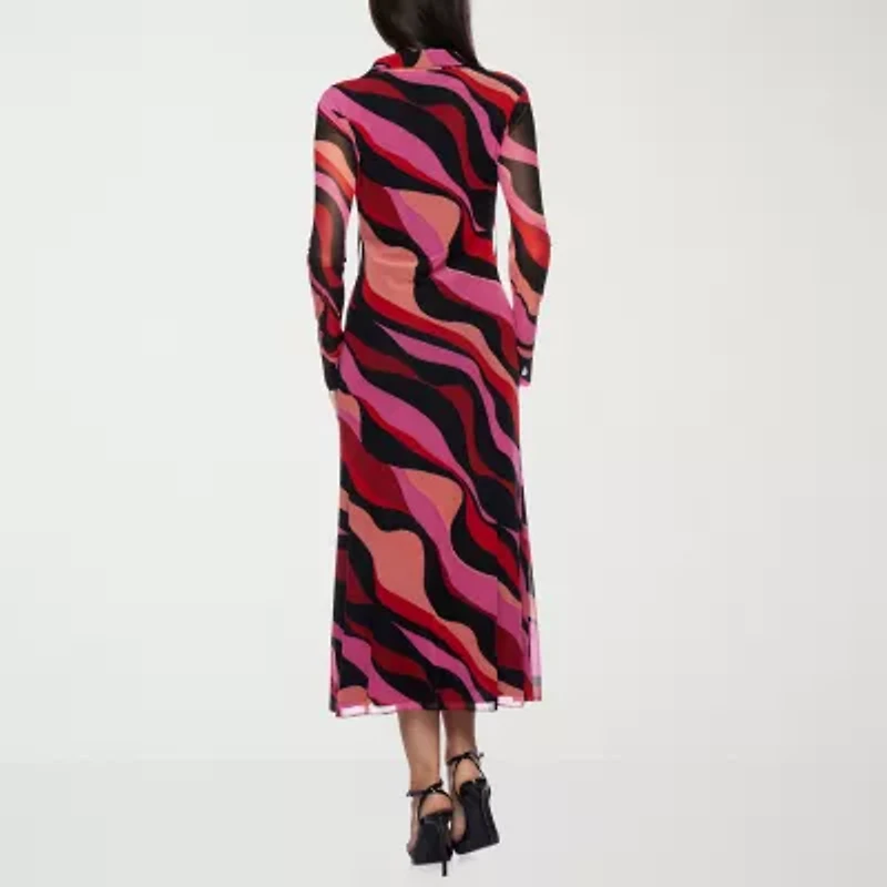Premier Amour Womens Long Sleeve Midi Abstract Sheath Dress