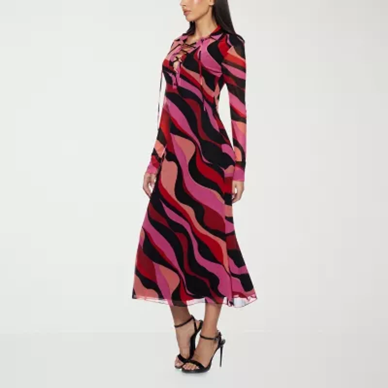 Premier Amour Womens Long Sleeve Midi Abstract Sheath Dress