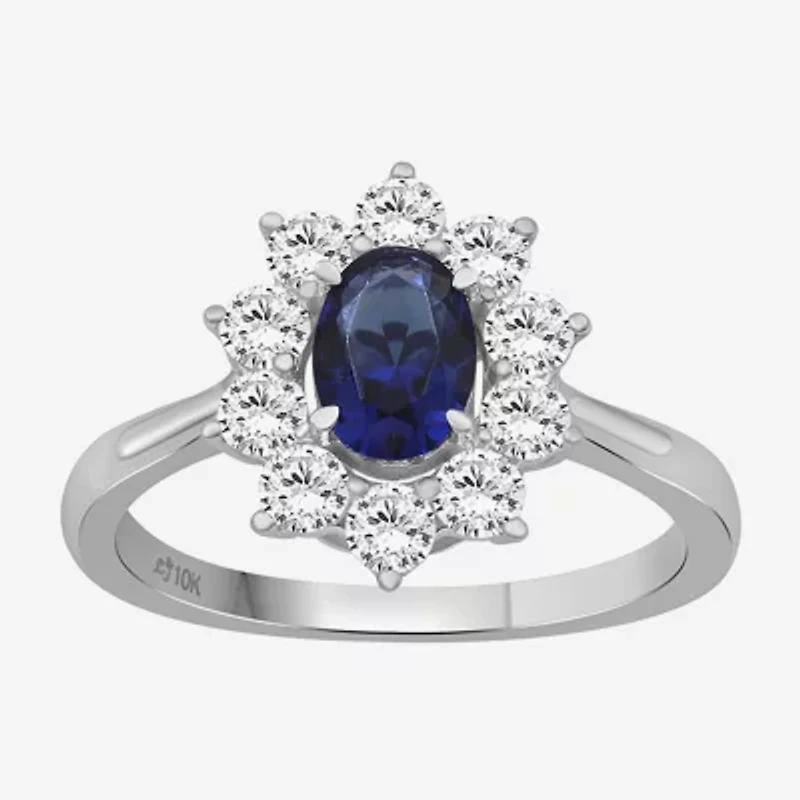 Womens Oval-cut Gemstone & / CT. T.W. Lab-Grown Diamond 10K Gold Halo Cocktail Ring