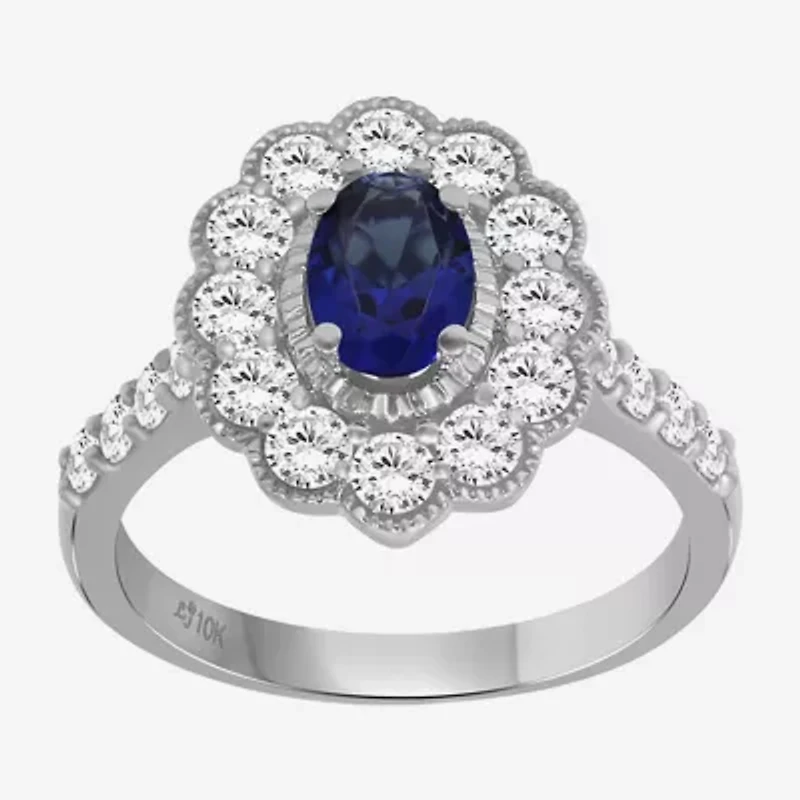 Womens Oval-cut Gemstone & 1 CT. T.W. Lab-Grown Diamond 10K Gold Halo Cocktail Ring