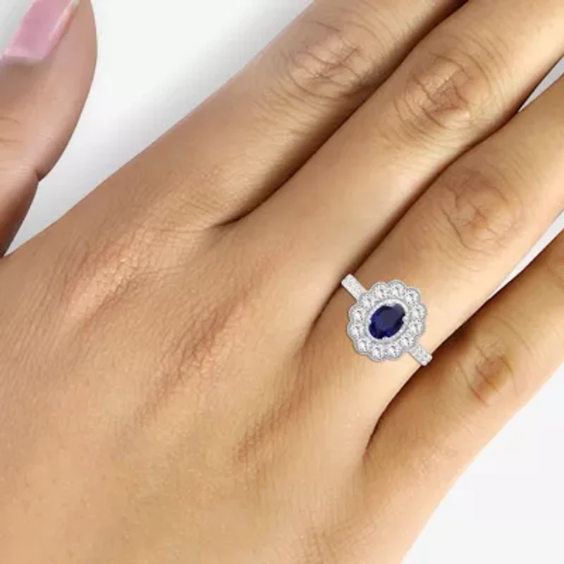 Womens Oval-cut Gemstone & 1 CT. T.W. Lab-Grown Diamond 10K Gold Halo Cocktail Ring