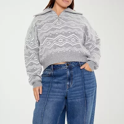 Forever 21 Grey Womens Long Sleeve Juniors Plus Quarter-Zip Pullover