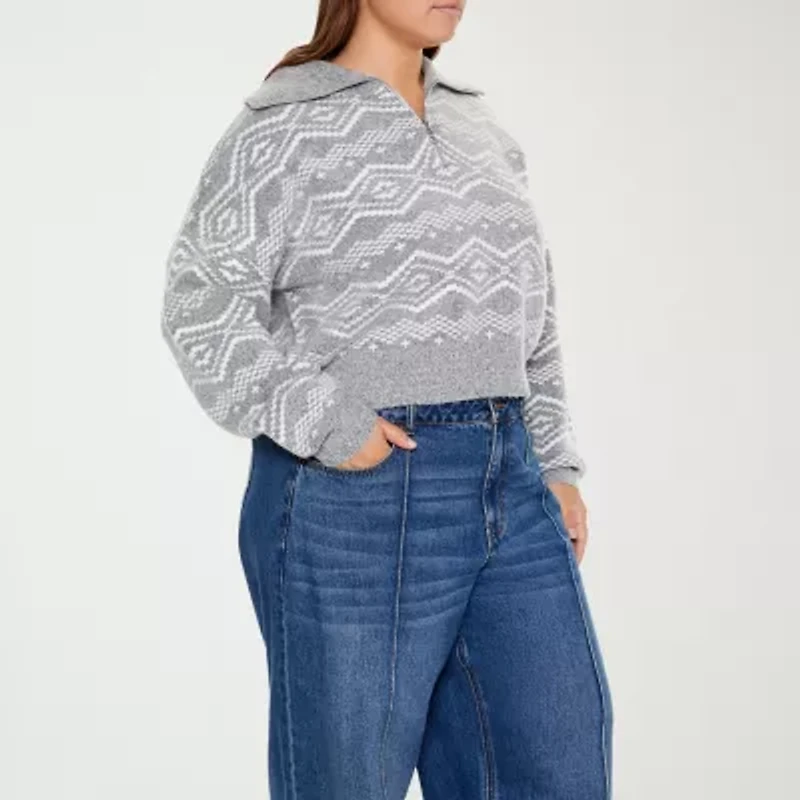 Forever 21 Grey Womens Long Sleeve Juniors Plus Quarter-Zip Pullover