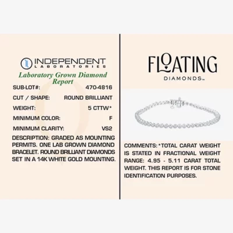 Floating Diamonds (F / Vs2) Womens 5 CT. T.W. Lab Grown White Diamond 14K White Gold 7.25 Inch Tennis Bracelet