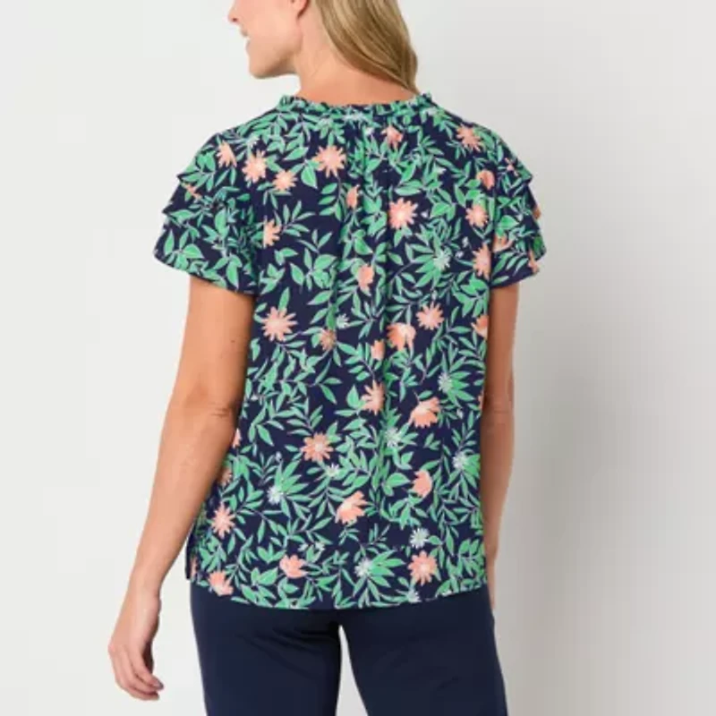 Liz Claiborne Womens Crew Neck Short Sleeve Blouse