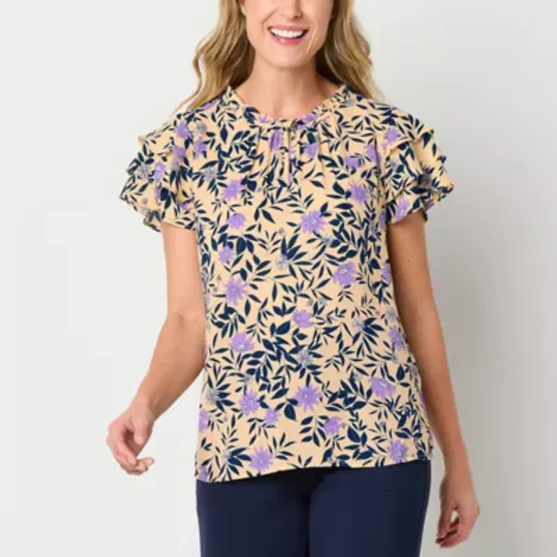 Liz Claiborne Womens Crew Neck Short Sleeve Blouse