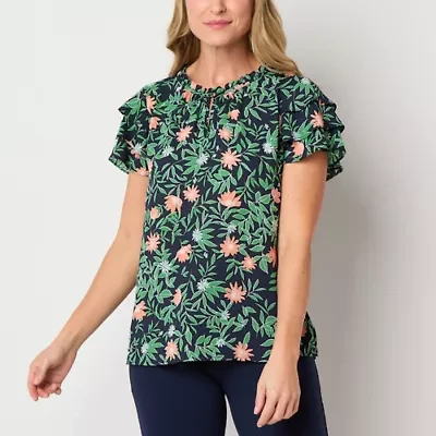 Liz Claiborne Womens Crew Neck Short Sleeve Blouse