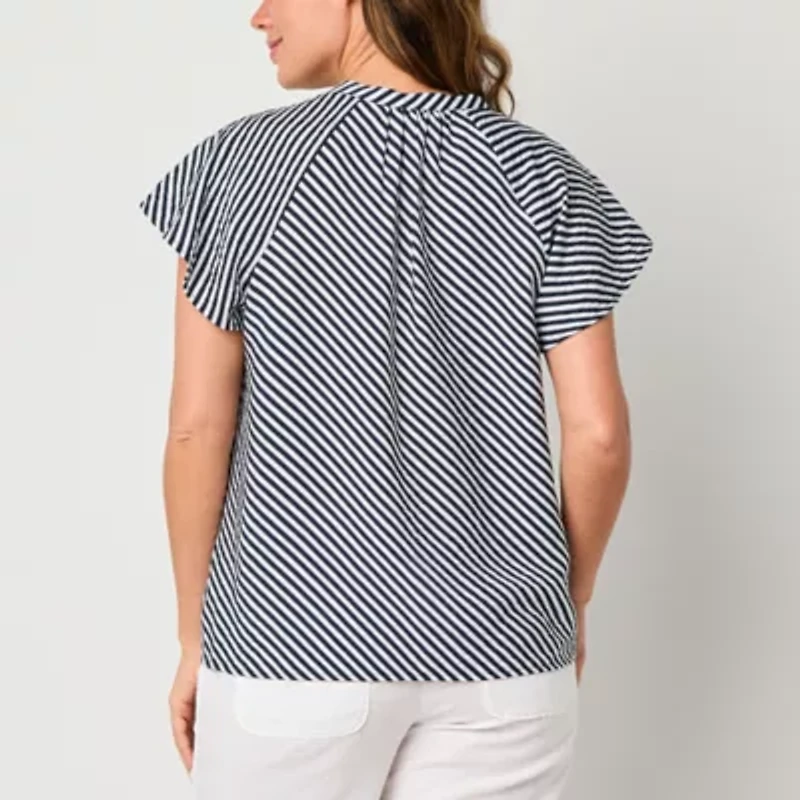 Liz Claiborne Womens Split Crew Neck Short Sleeve Flutter Regular Fit Button-Down Shirt