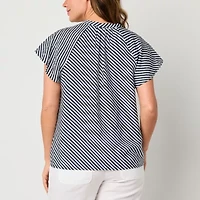 Liz Claiborne Womens Split Crew Neck Short Sleeve Flutter Regular Fit Button-Down Shirt