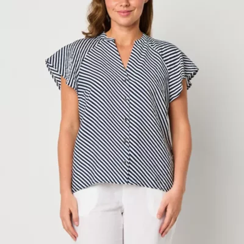 Liz Claiborne Womens Split Crew Neck Short Sleeve Flutter Regular Fit Button-Down Shirt