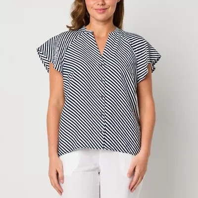 Liz Claiborne Womens Split Crew Neck Short Sleeve Flutter Regular Fit Button-Down Shirt