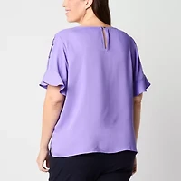 Liz Claiborne Womens Round Neck Short Sleeve Satin Plus Blouse