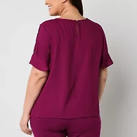 Liz Claiborne Womens Plus Round Neck Short Sleeve Satin Blouse