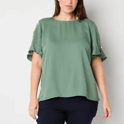 Liz Claiborne Womens Round Neck Short Sleeve Satin Plus Blouse