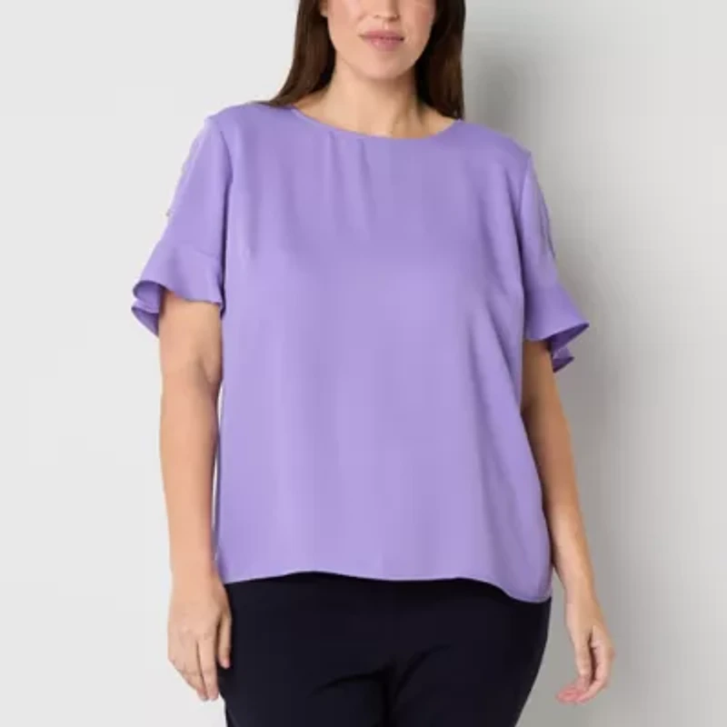 Liz Claiborne Womens Round Neck Short Sleeve Satin Plus Blouse