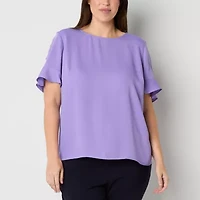 Liz Claiborne Womens Round Neck Short Sleeve Satin Plus Blouse