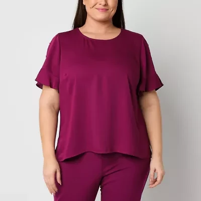 Liz Claiborne Womens Plus Round Neck Short Sleeve Satin Blouse