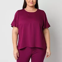 Liz Claiborne Womens Plus Round Neck Short Sleeve Satin Blouse