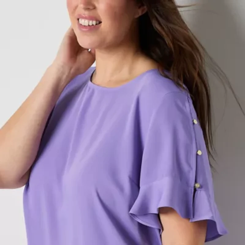 Liz Claiborne Womens Round Neck Short Sleeve Satin Plus Blouse