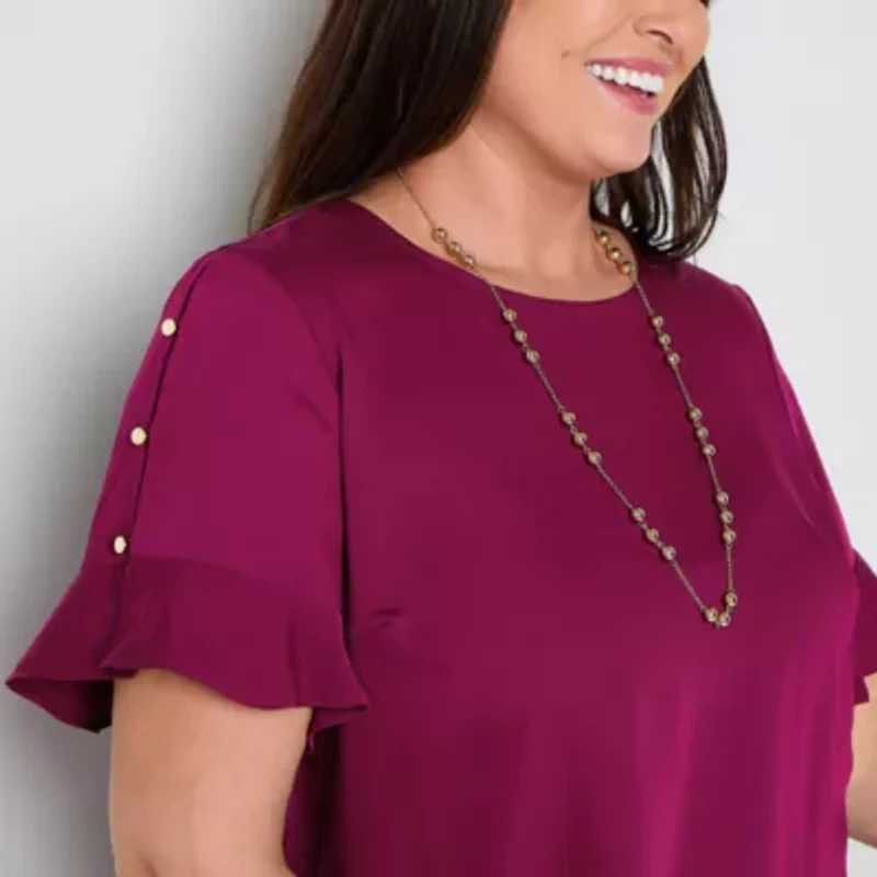 Liz Claiborne Womens Plus Round Neck Short Sleeve Satin Blouse