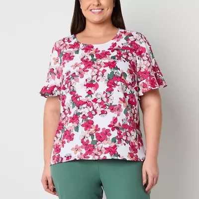 Liz Claiborne Womens Plus Round Neck Short Sleeve Satin Blouse