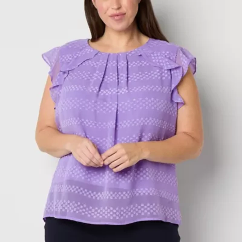Liz Claiborne Womens Plus Round Neck Short Sleeve Blouse