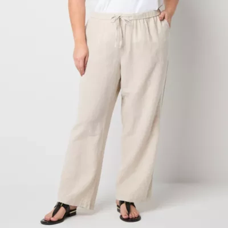 Liz Claiborne Linen Womens Plus Wide Leg Mid Rise Drawstring Pant