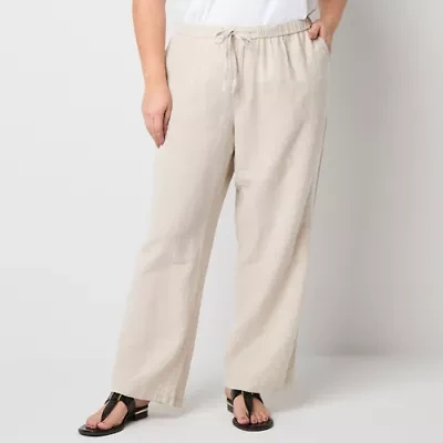 Liz Claiborne Linen Womens Wide Leg Mid Rise Plus Drawstring Pant