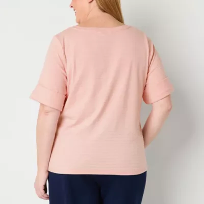Liz Claiborne Womens Plus Boat Neck Short Sleeve Blouse