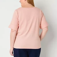 Liz Claiborne Womens Plus Boat Neck Short Sleeve Blouse
