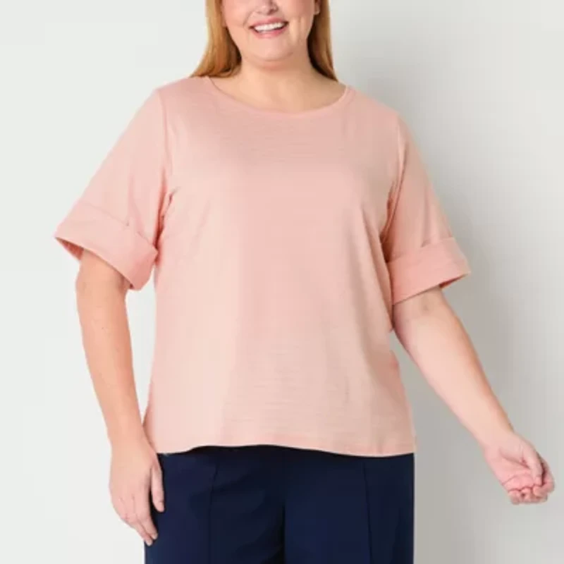 Liz Claiborne Womens Plus Boat Neck Short Sleeve Blouse
