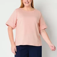 Liz Claiborne Womens Plus Boat Neck Short Sleeve Blouse