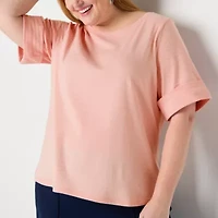 Liz Claiborne Womens Plus Boat Neck Short Sleeve Blouse