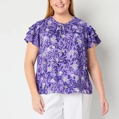 Liz Claiborne Womens Plus Keyhole Neck Short Sleeve Blouse