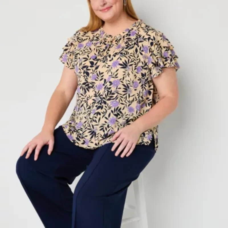 Liz Claiborne Womens Keyhole Neck Short Sleeve Plus Blouse